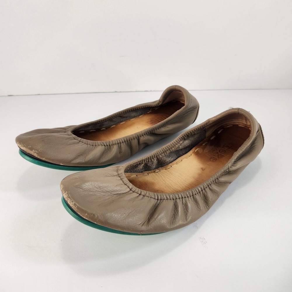 Tieks Women's Size 7 Taupe Leather Ballet Flats Foldable Travel Shoes Green Sole